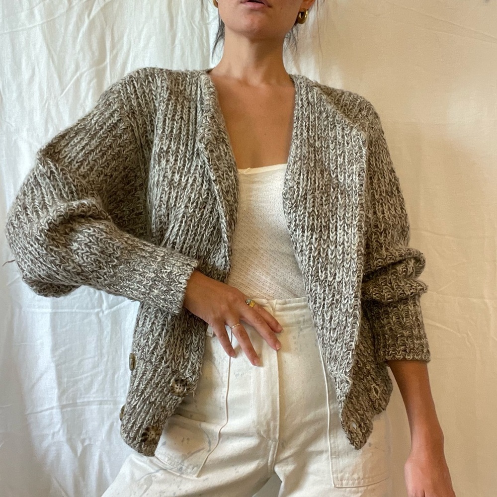 Vintage 80s P.G.E. Wool Blend Chunky Knit Puff Sleeve Batwing Cardigan